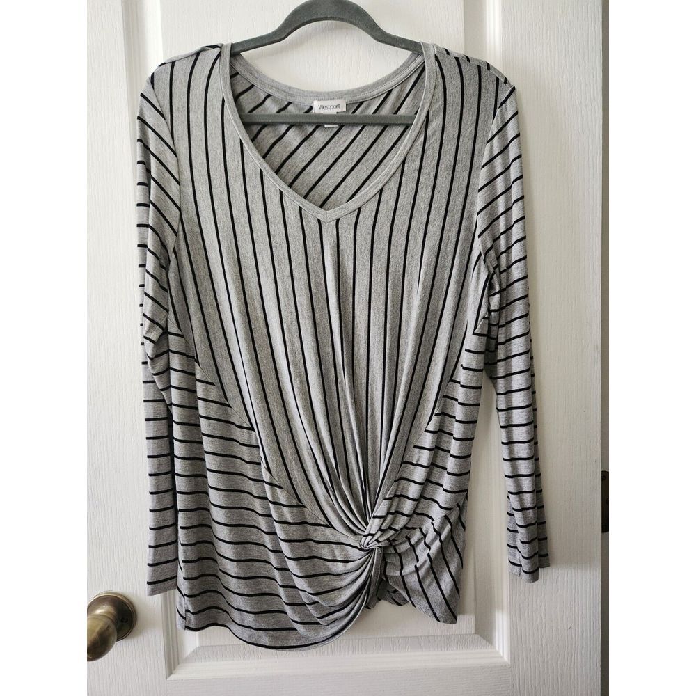 Westport Women's Stripe Knit Top V Neck Long Sleeve Knotted Front Gray Size‎ L